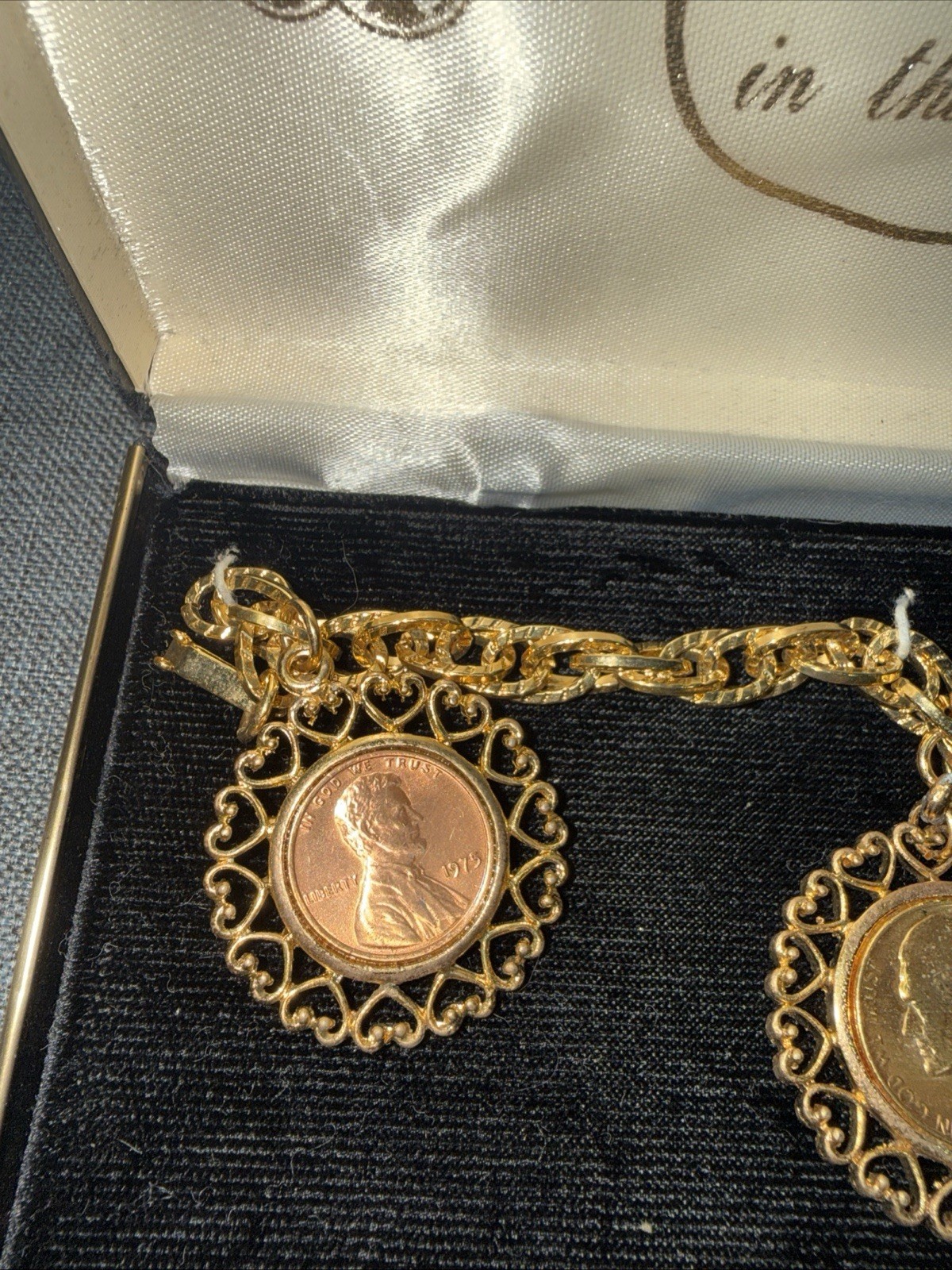 Vintage Three Coins In The Fountain Charm Bracelet Chunky Link Chain WLP