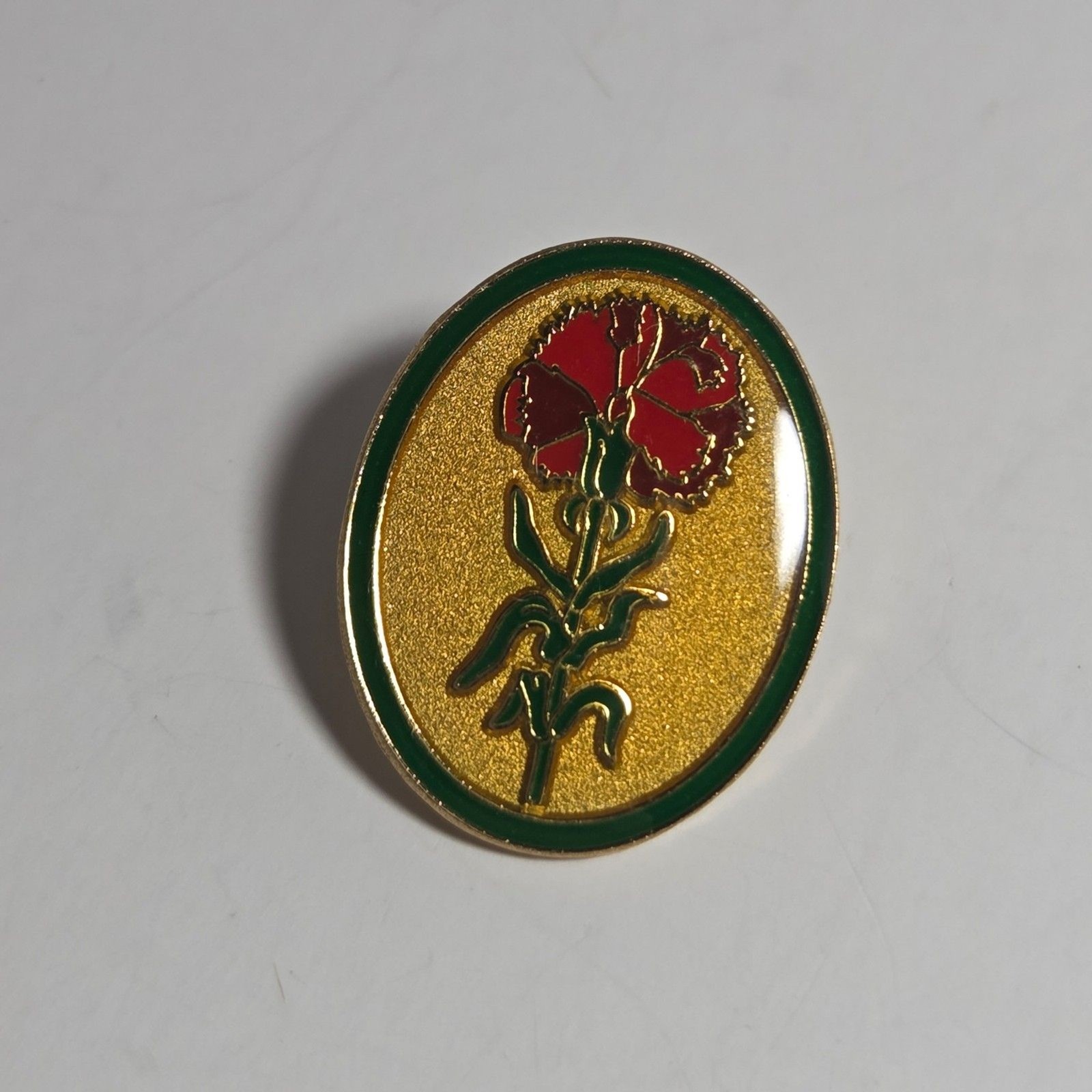 Vintage Red Carnation Flower Lapel Pin Valley Casting Signed Oval Enamel Lacquer