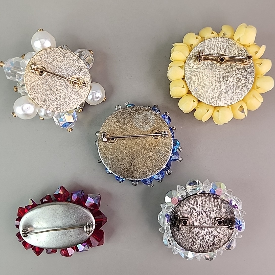 Vintage Cluster Brooch Lot of 5 AB Glass Blue Red Yellow Plastic