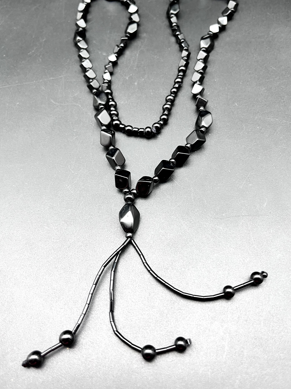 Vintage Long Cut Faceted Polished Black Glass Mourning Bead Tassel Necklace