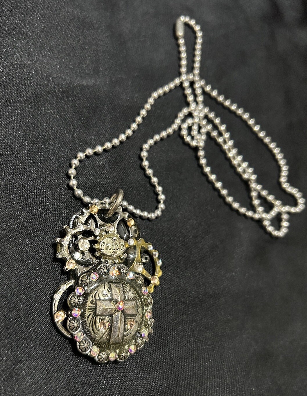 Vtg Faith Necklace Statement Pendant 14” Drop Rhinestones Handmade Brutalist