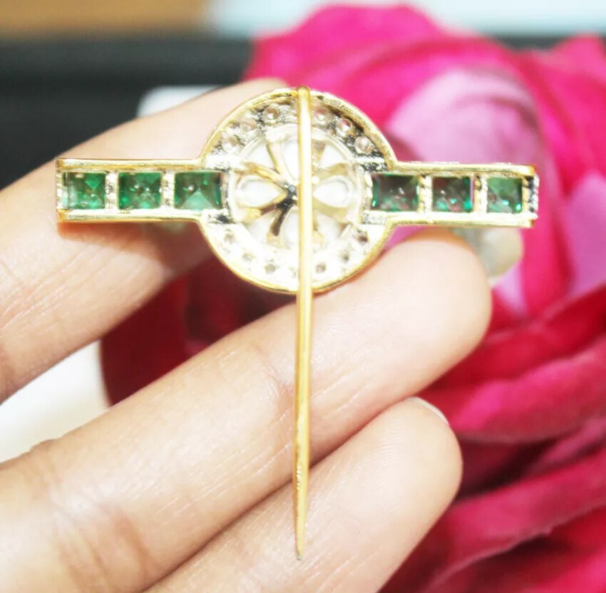 0.85ct Rose Cut Diamond 925 Silver Emerald Pearl Anniversary Wedding Stick Pin