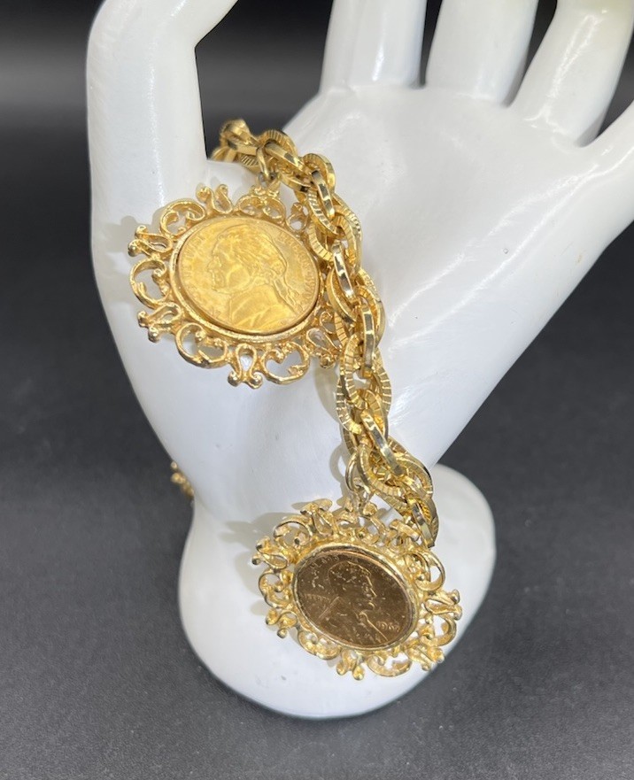 Vintage Gold Tone Double Link Charm Bracelet, 3 Genuine Coin Charms, 7”
