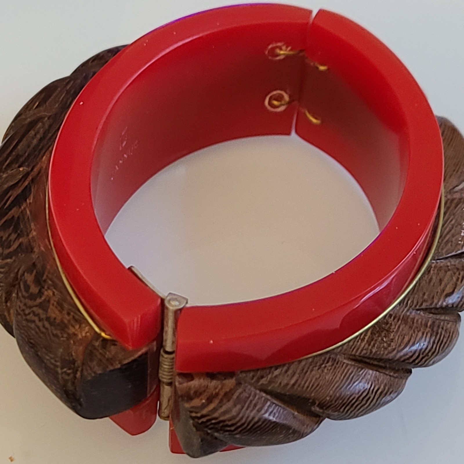 DANNIJO Vintage Carved Wood & Red Resin Hinged Bangle Bracelet Chunky Boho Cuff