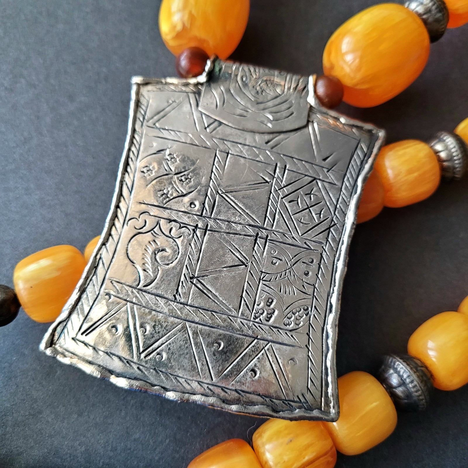 Vtg Pressed Amber Resin ? Prayer Beads Necklace Silverplate Pendant Moroccan