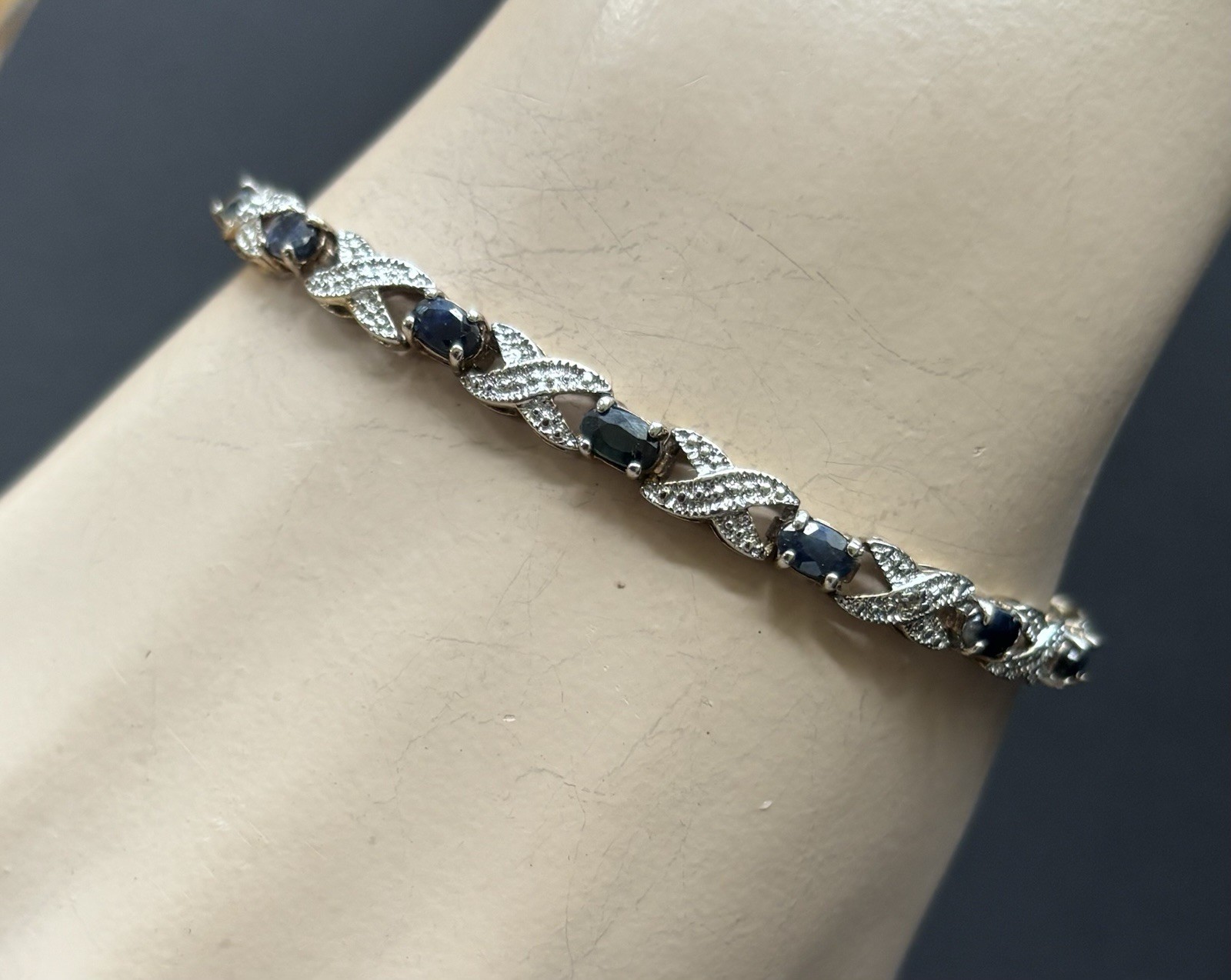 DBJ Bracelet Sterling Silver 925 Gold Tone Deep Blue Crystals 7.25” L 3/16”
