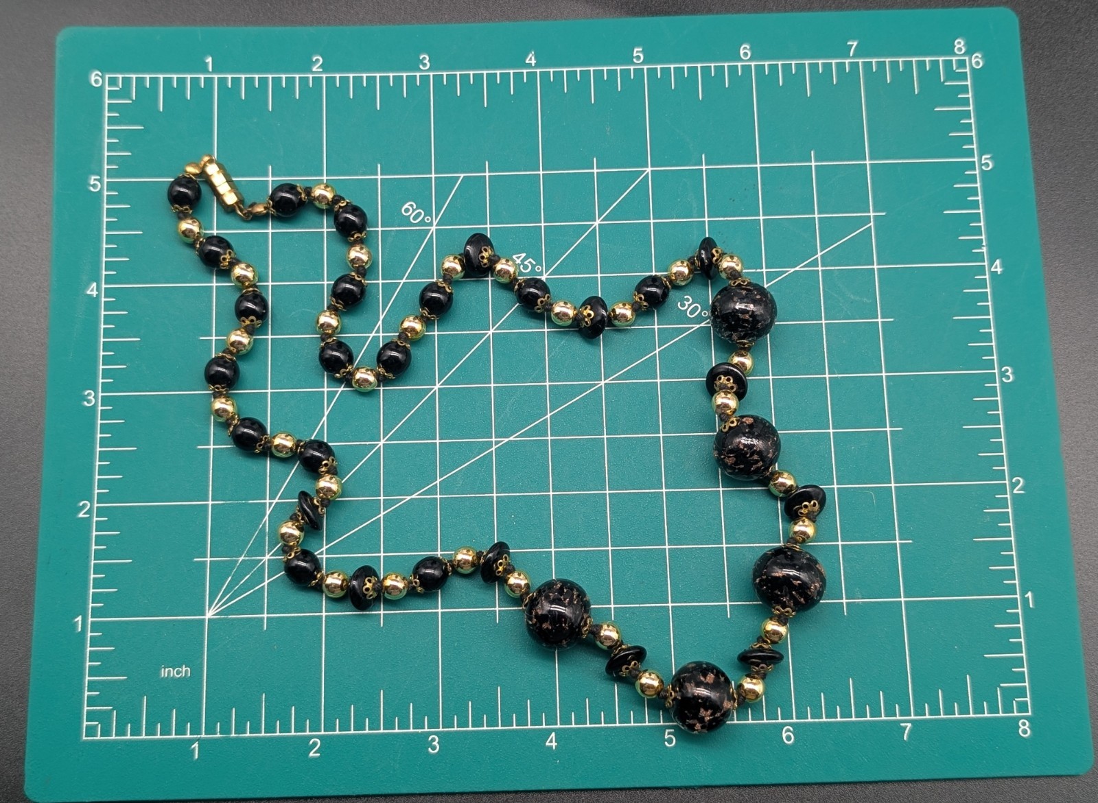 Vintage Hand Knotted Gold Tone Black & Copper Aventurine Art Glass Bead Necklace