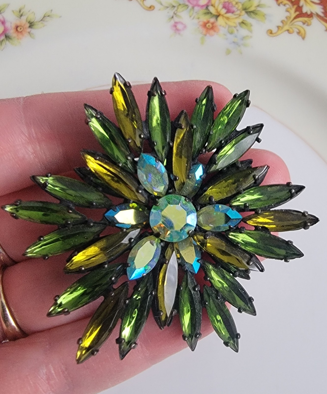 Vintage Regency Brooch Shades of Green Japaned AB Rhinestones Signed 1930s-1950s