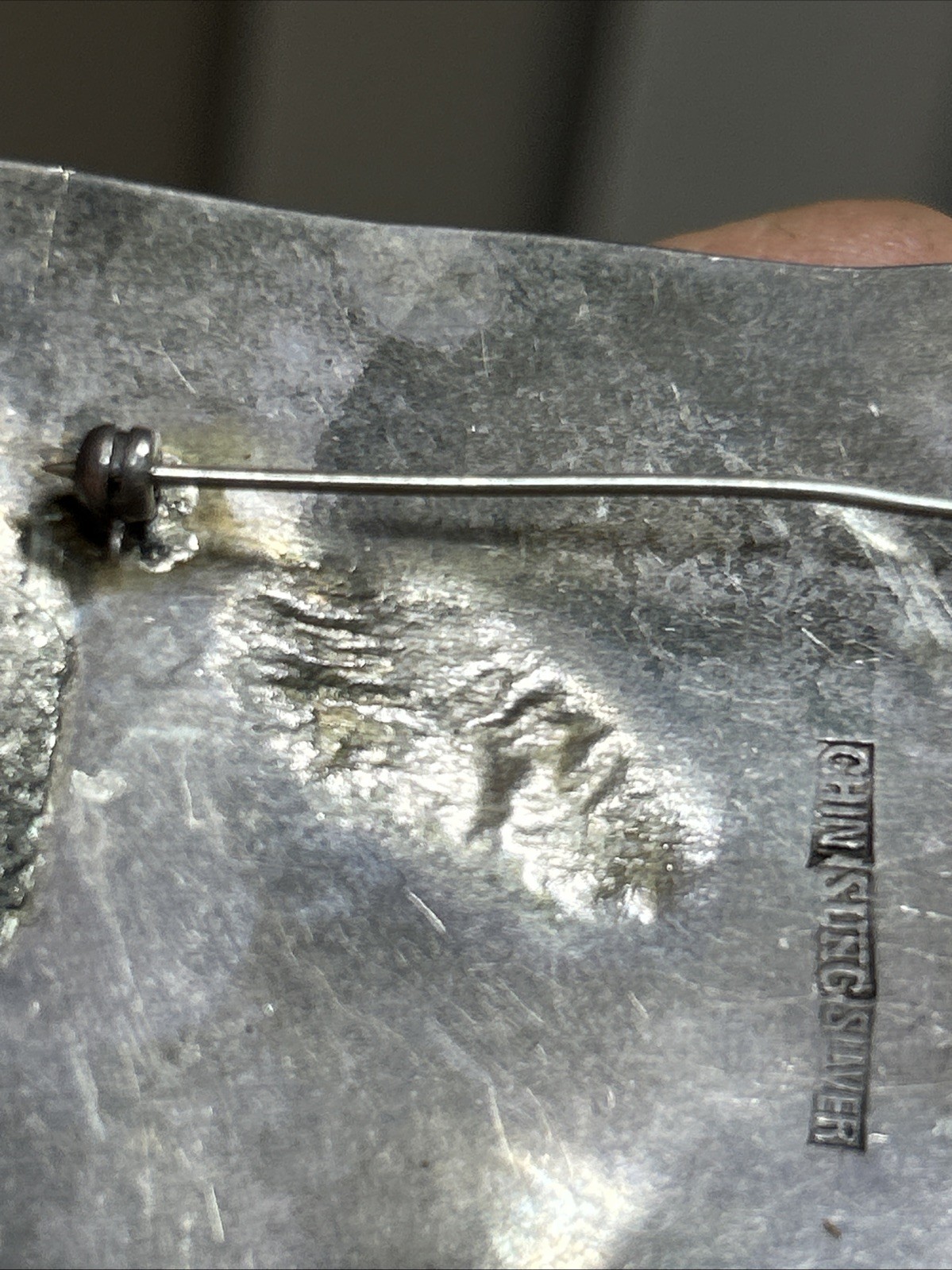 39. Old CHIN SUNG Silver Tribal Repousse Shadow Box Rectangle Pin 67 x 50mm