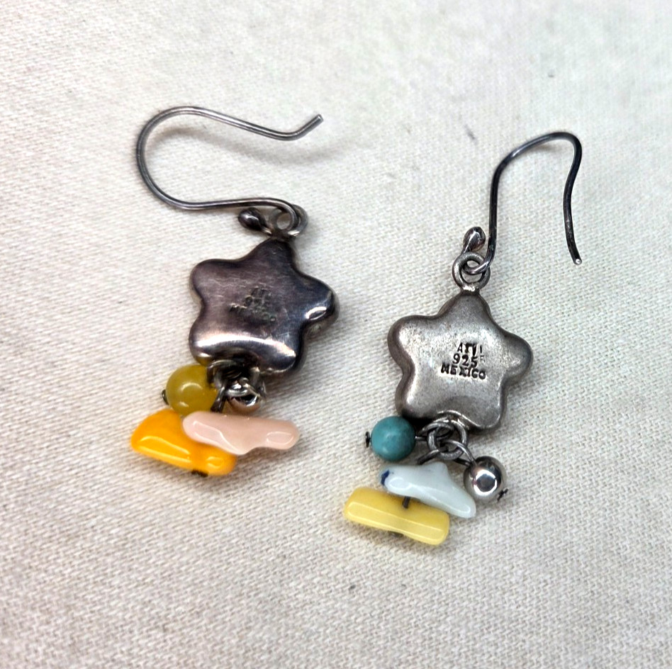 Signed ATI Mexico Pressed Flower Vintage Earrings Sterling Silver Drop