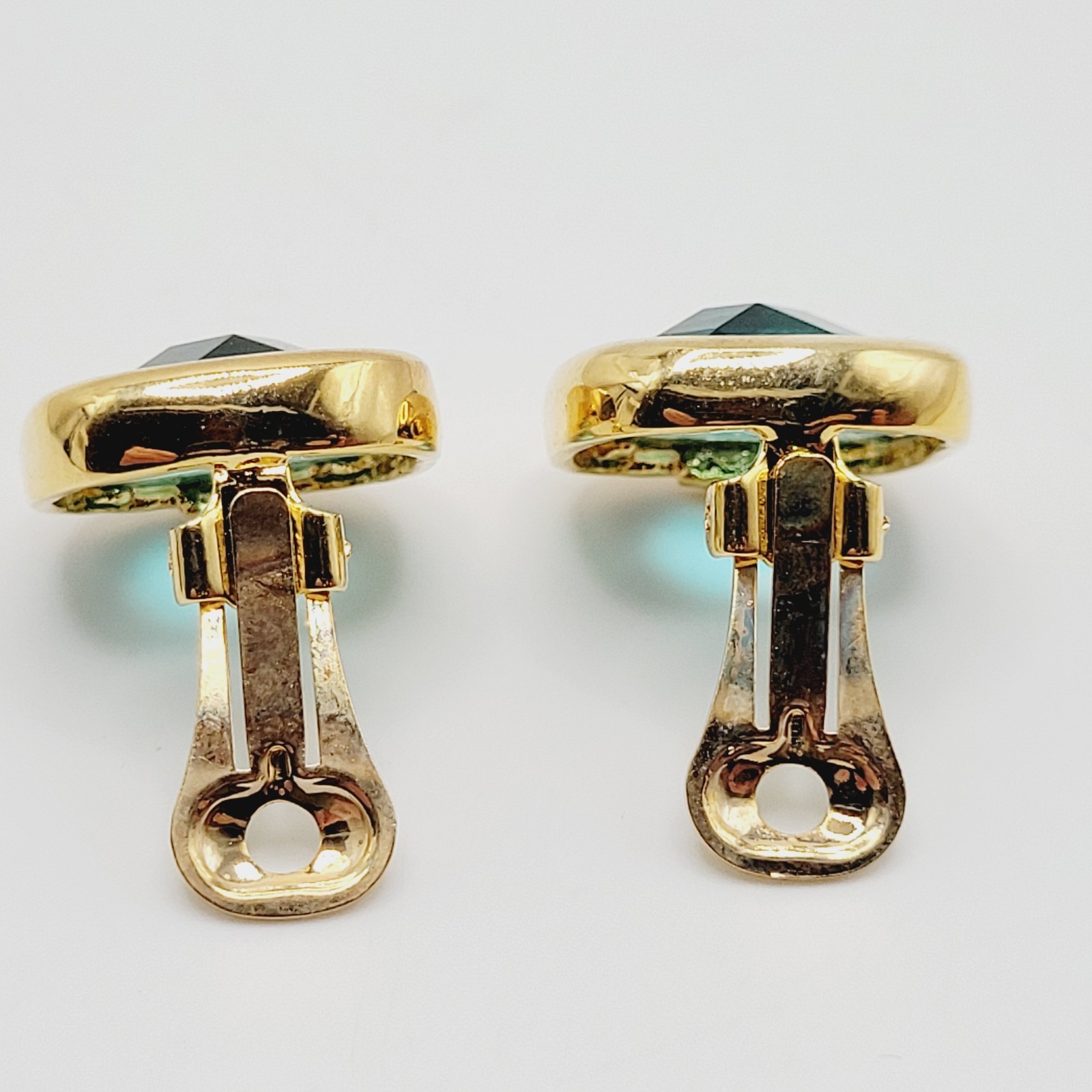 Aqua Light Blue Green Faceted Glass Soft Square Gold Tone Bezel Clip On Earrings