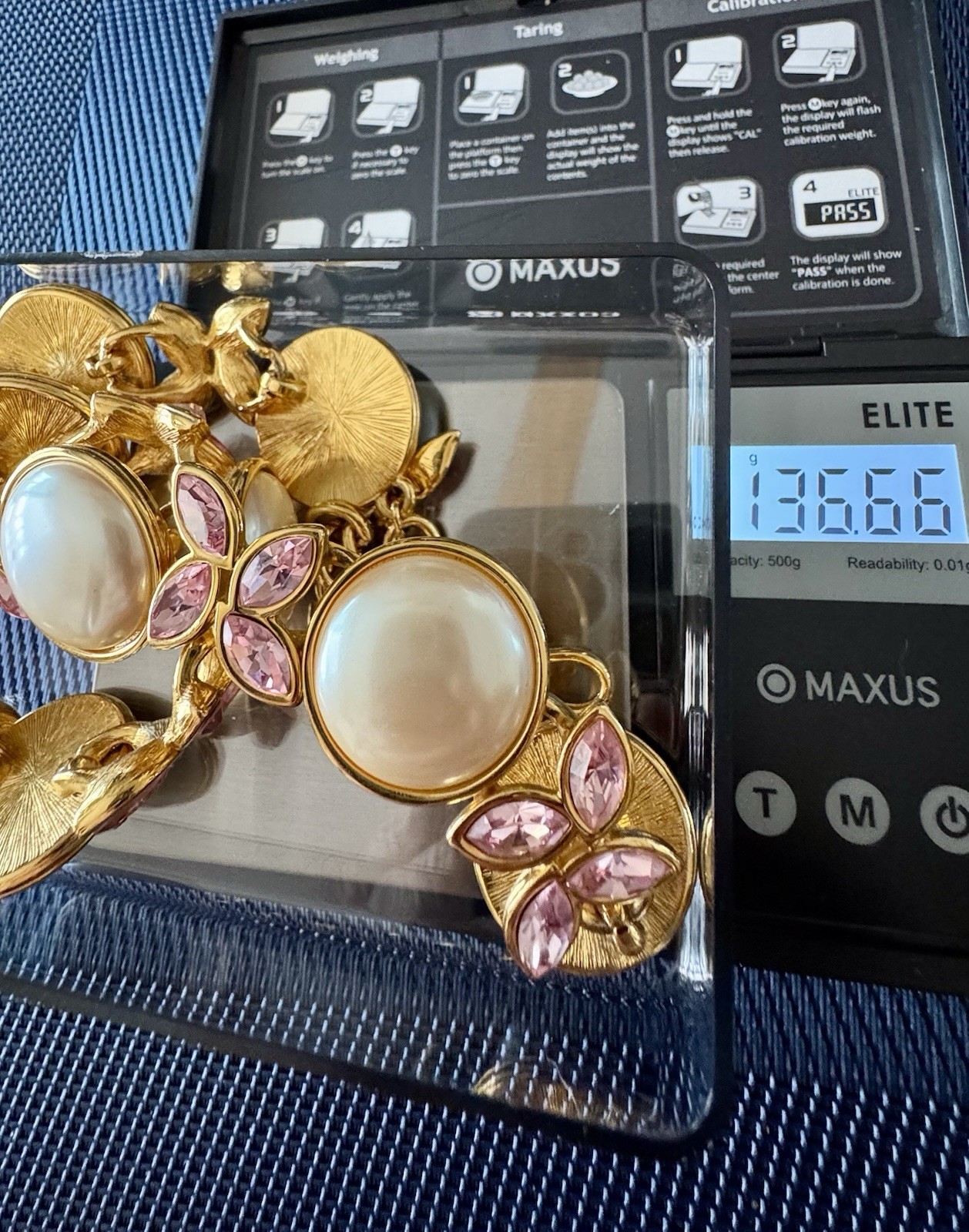 Vintage Monet Runway Necklace Faux Pearls Pink Crystal Gold Tone Statement