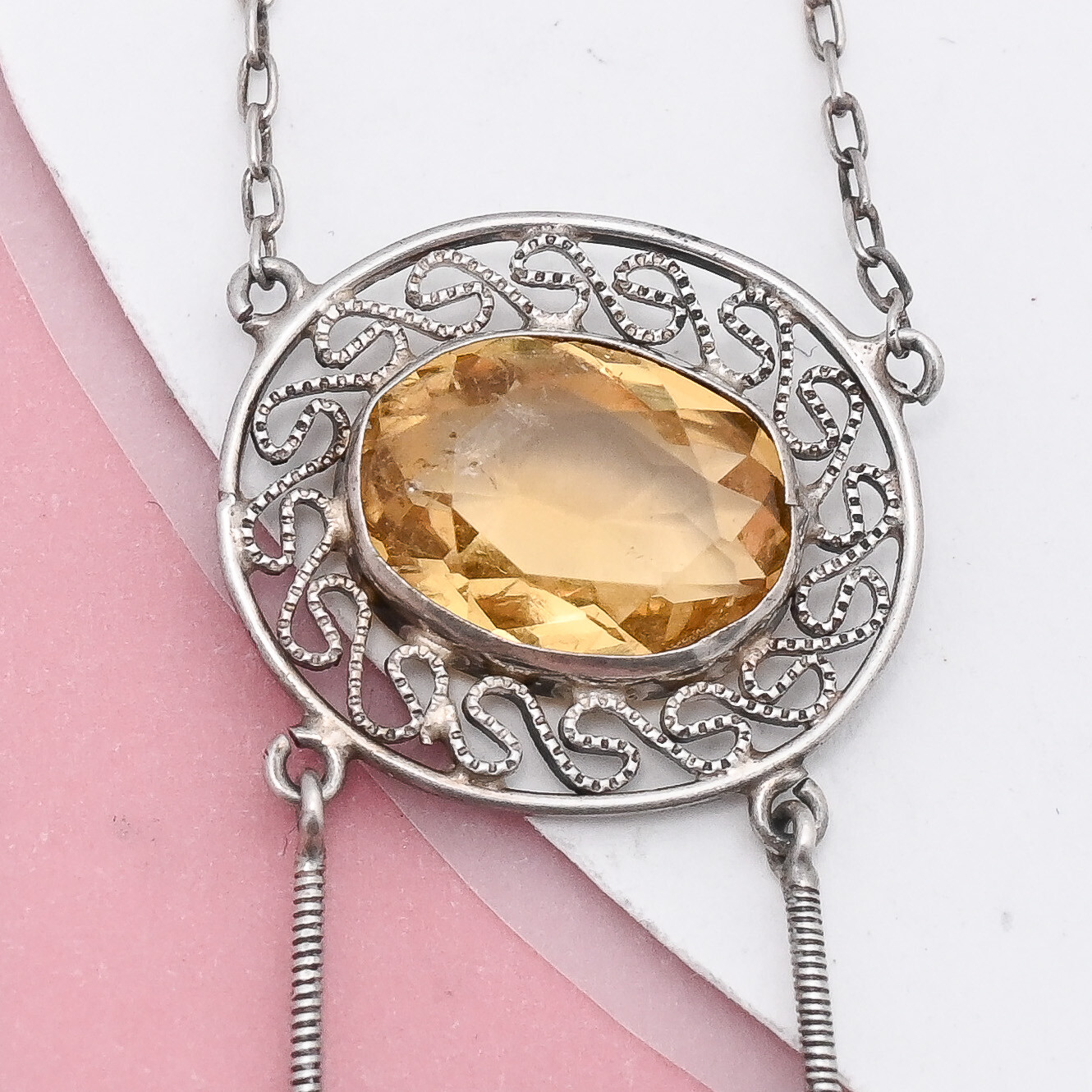 Antique Victorian Edwardian Briolette Citrine Negligee Silver Pendant Necklace