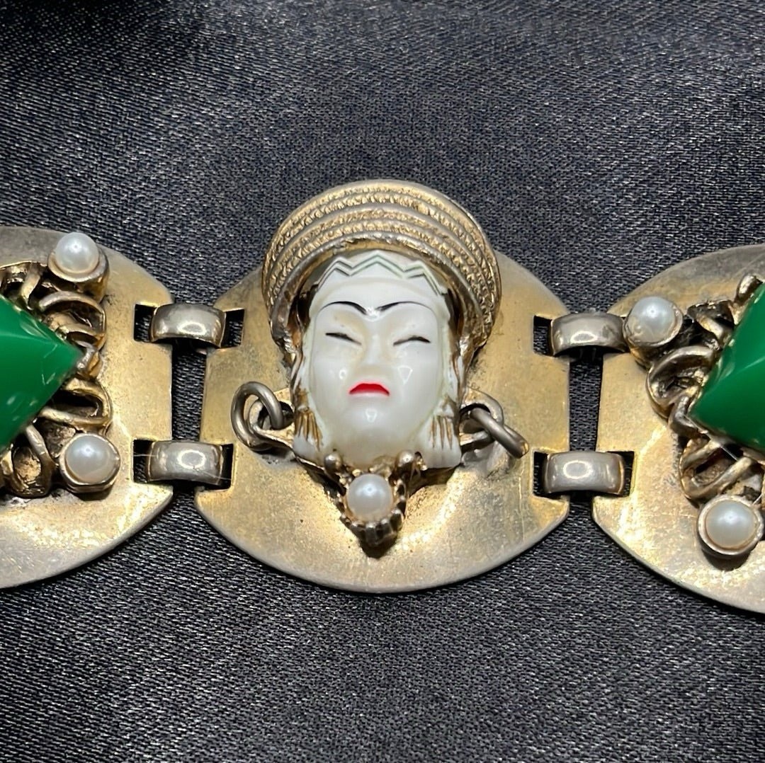 Vintage Sculpted Face Pendant Necklace & Green Stone Bracelet Set