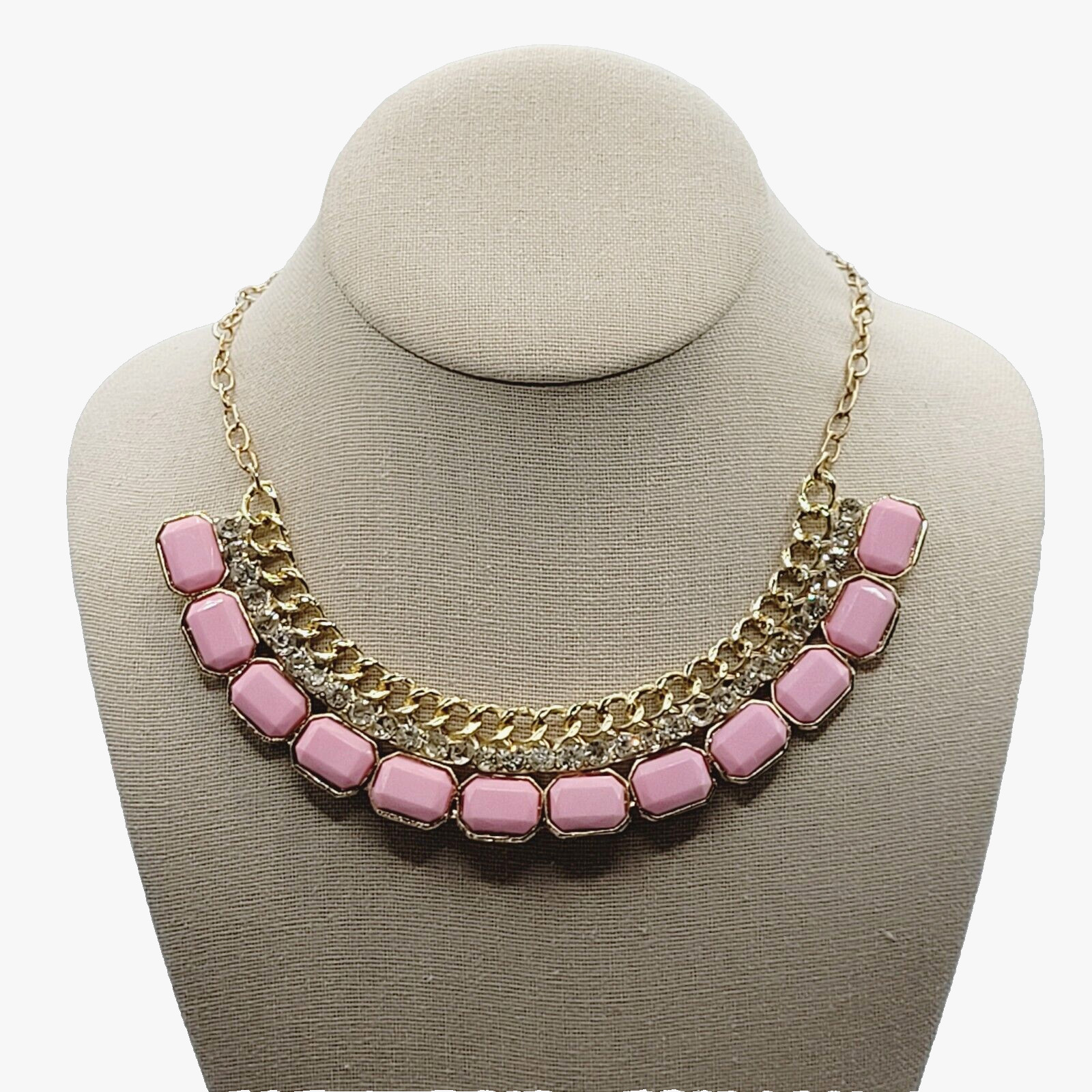 Fancy Rhinestone & Pink Acrylic with Milkglass Style Vintage Gold Tone Necklace