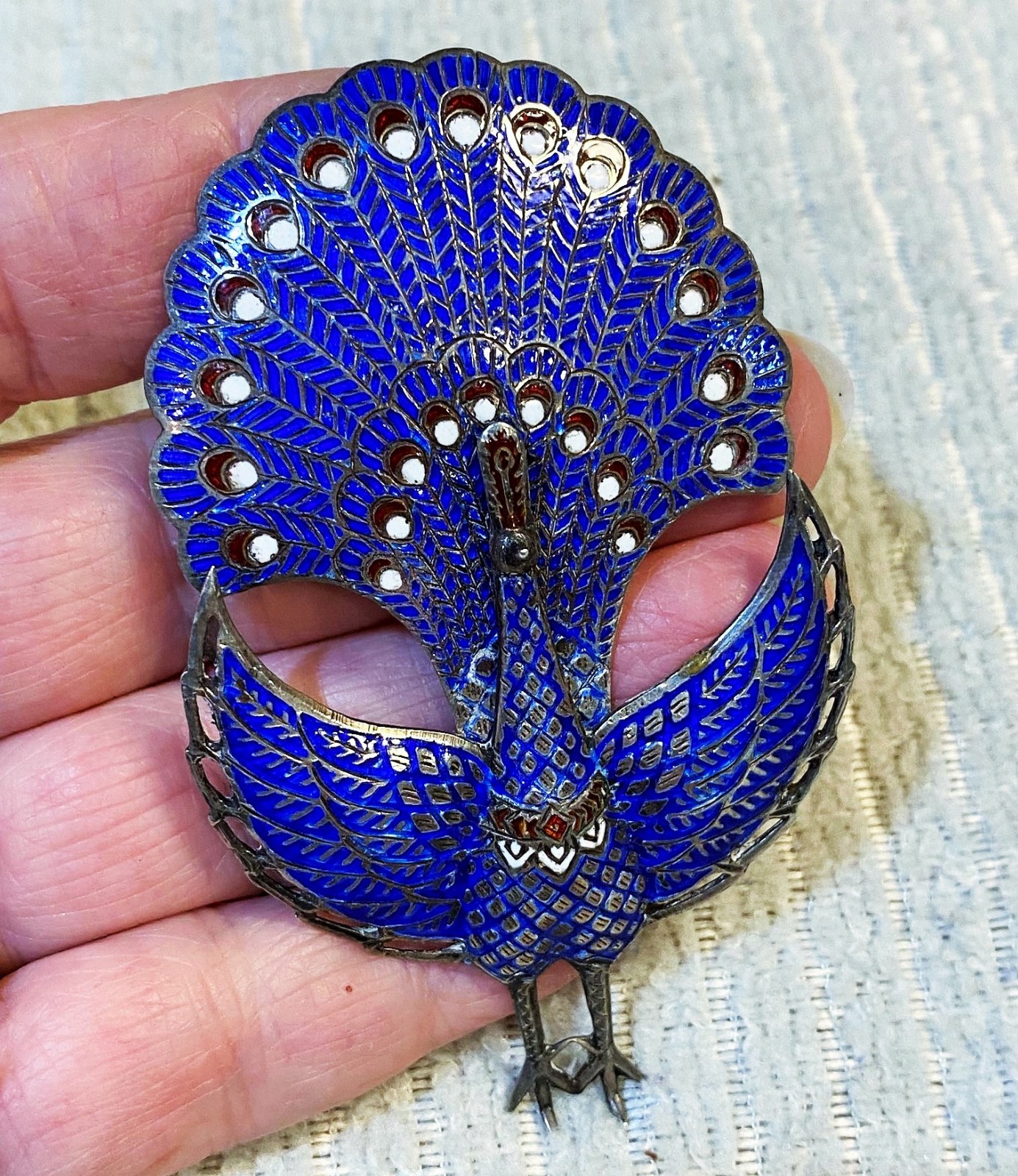 VTG STERLING SILVER PURPLE ENAMEL CHINESE EXPORT SILVER GILT PEACOCK PIN BROOCH