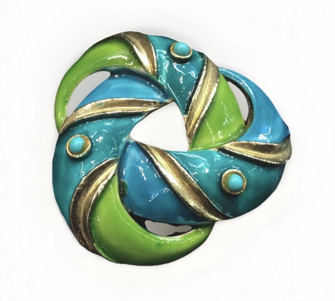 Vintage Signed Lisner Lime Green Turquoise Enamel Brooch Pin