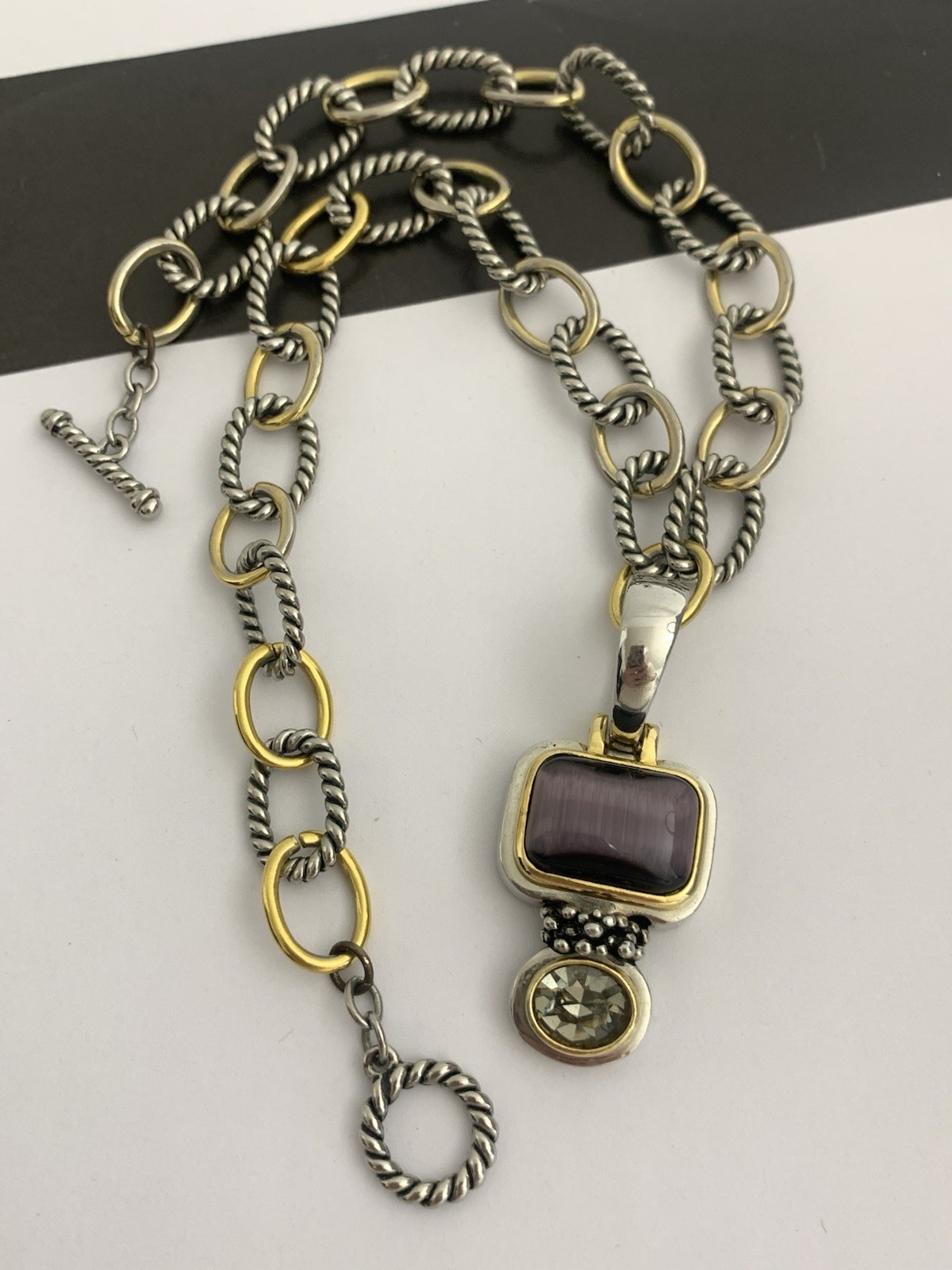 Vintage Silver and Gold Tone Cable Chunky Chain Necklace w/ Purple Stone Pendant