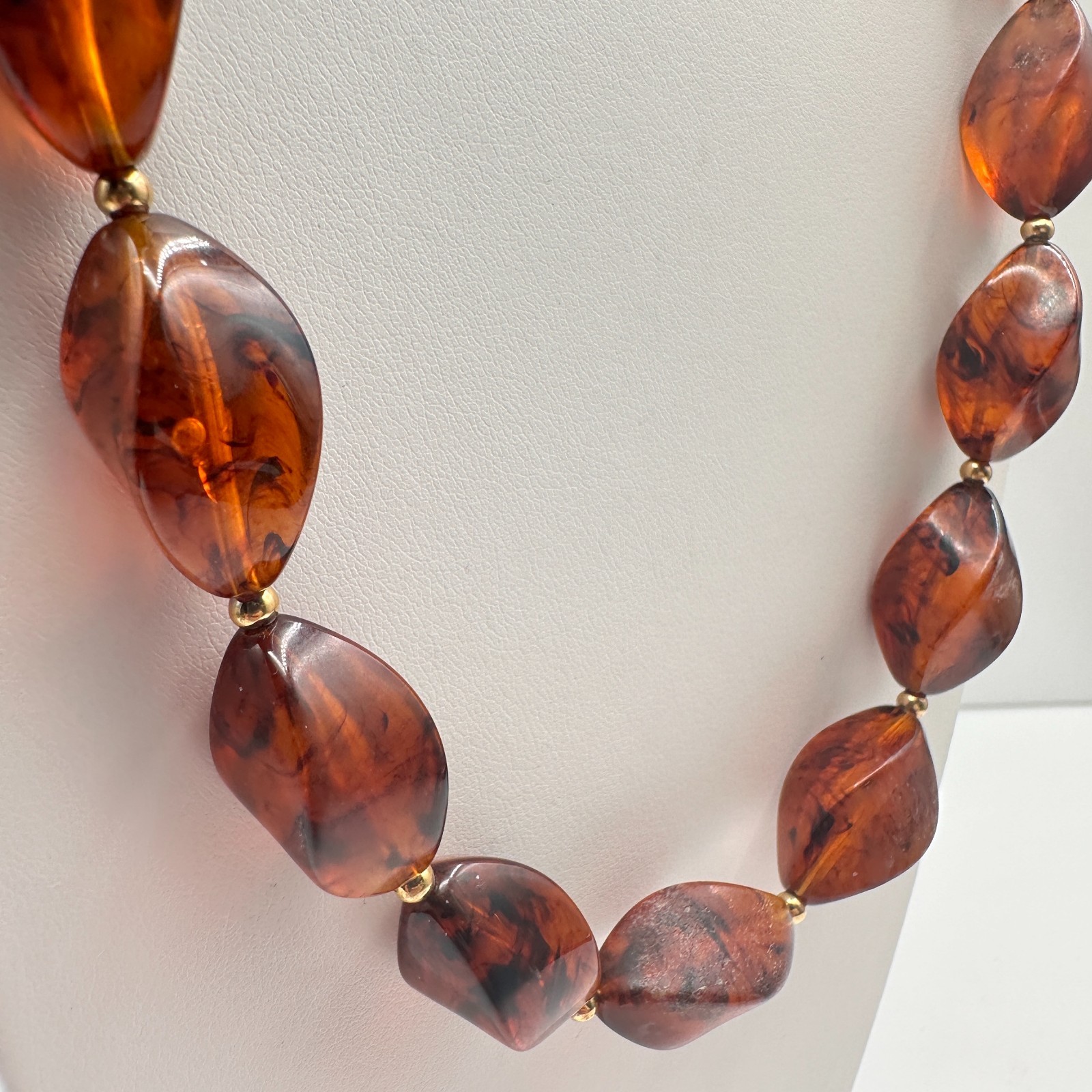 Vintage 90s Faux Amber Resin Chunky Necklace Brown Twisted Beaded Jewelry