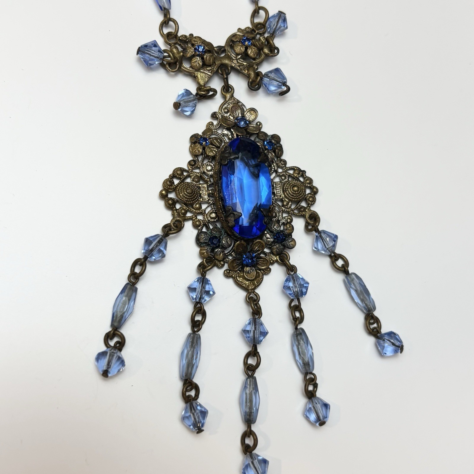 Vtg Czech Art Deco Brass Filigree Sapphire Blue Glass Fringe Festoon Necklace