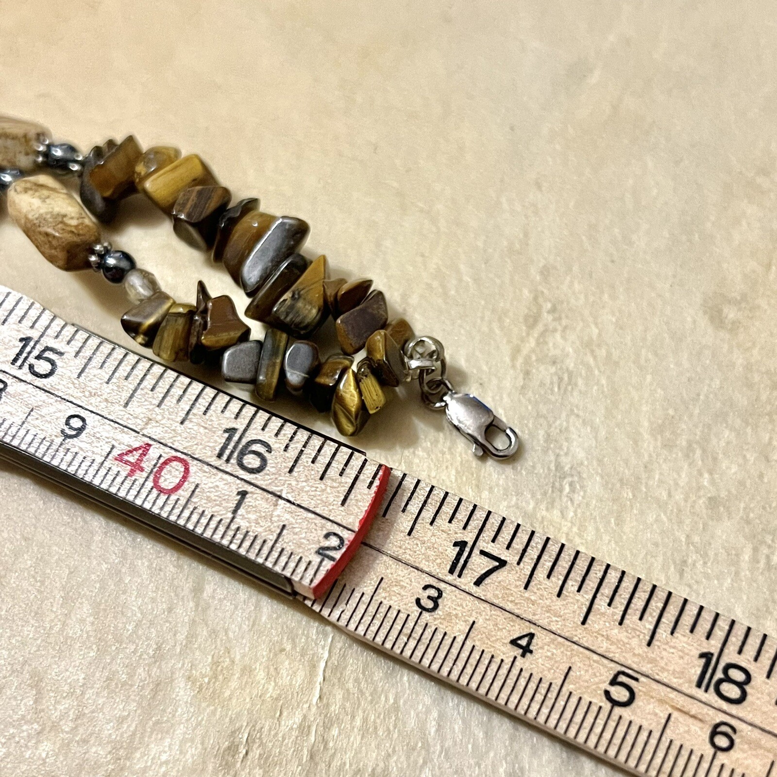 Vintage Asian Jade Carved Stone Pendant, Tigers Eye Beads, Sterling Silver Clasp
