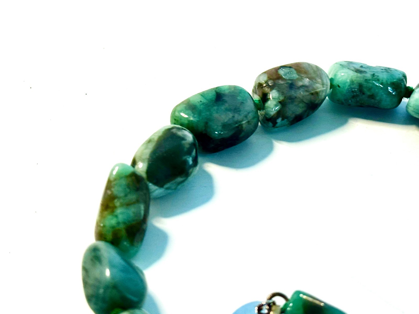 Vintage Chinese Natural Green Jade Beaded Necklace: Tumble Stone Strand 15”