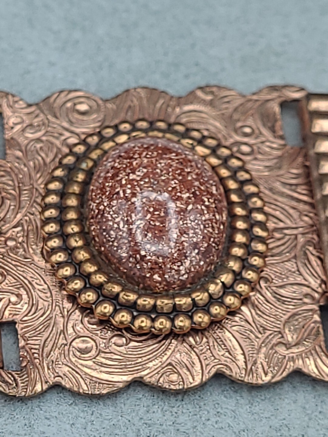 Stunning Vintage Copper & GoldStone Bracelet 7 3/4″ & Earrings Ornate Metalwork