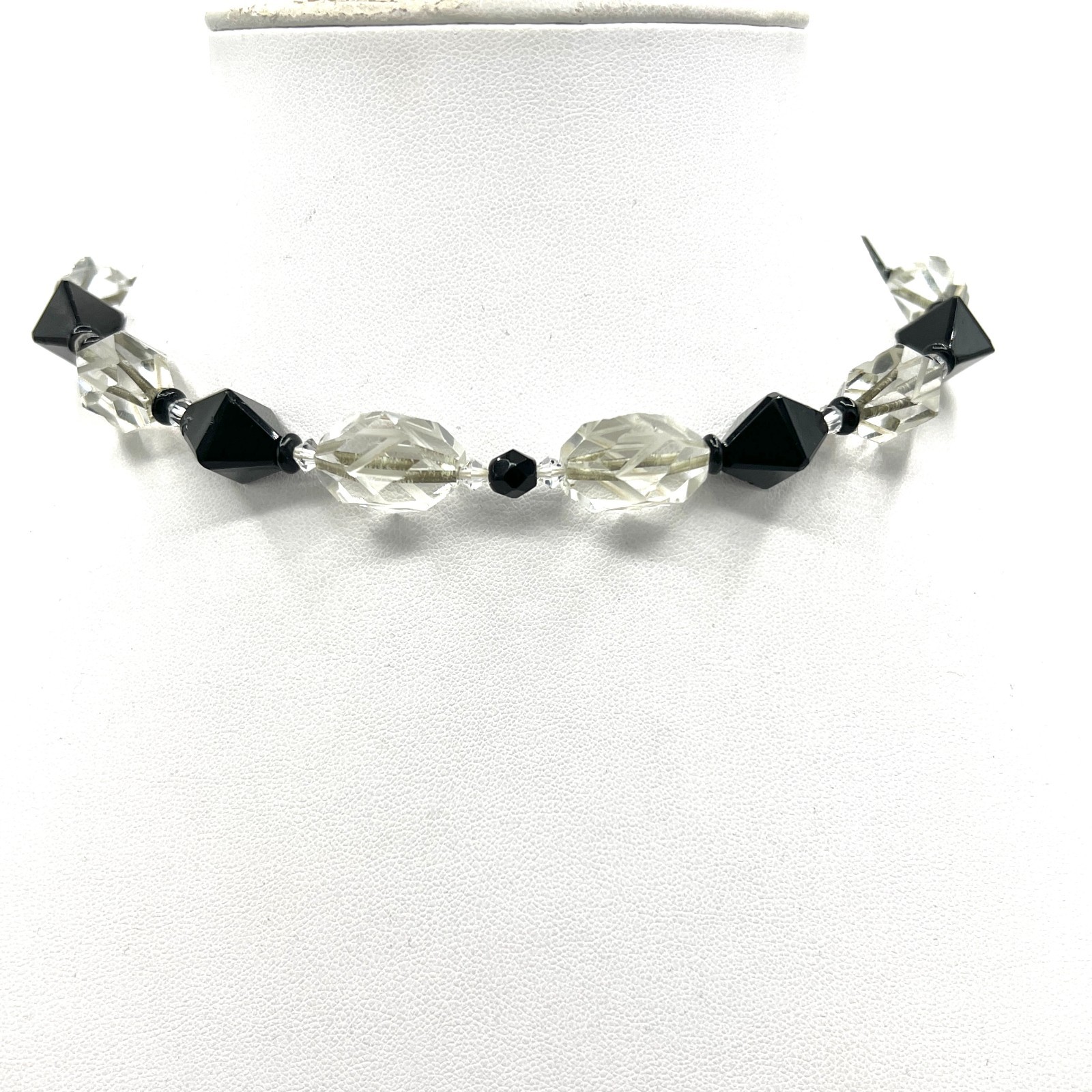 1920s Black & Clear Beveled Glass Bead Necklace Vintage Beads Later Assembled