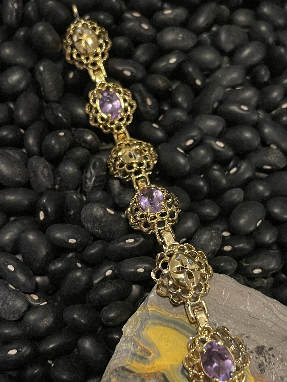 Sterling Silver Gold Vermeil Purple Amethyst Etched Open Work Tennis Bracelet