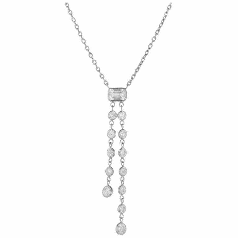 Vintage 1.65CT Diamond Round and Emerald Cut Cable Chain Dangle Necklace