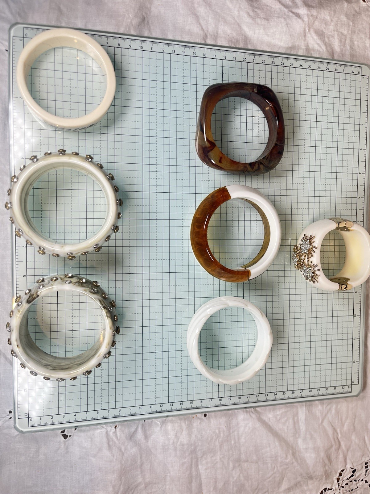 Lot of 7 Chunky Lucite Bangle Bracelets, Clamper, Rhinestones, Earthtones