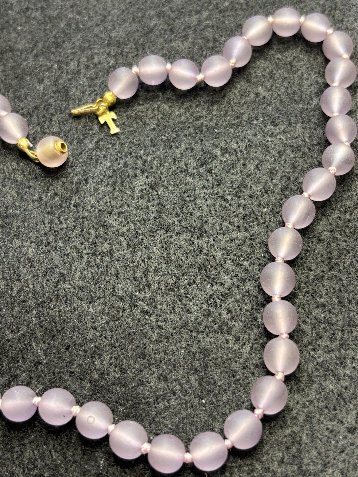 Vintage Lilac Beaded Necklace Gold Tone Push Beaded Clasp & Cross Hand Knotted