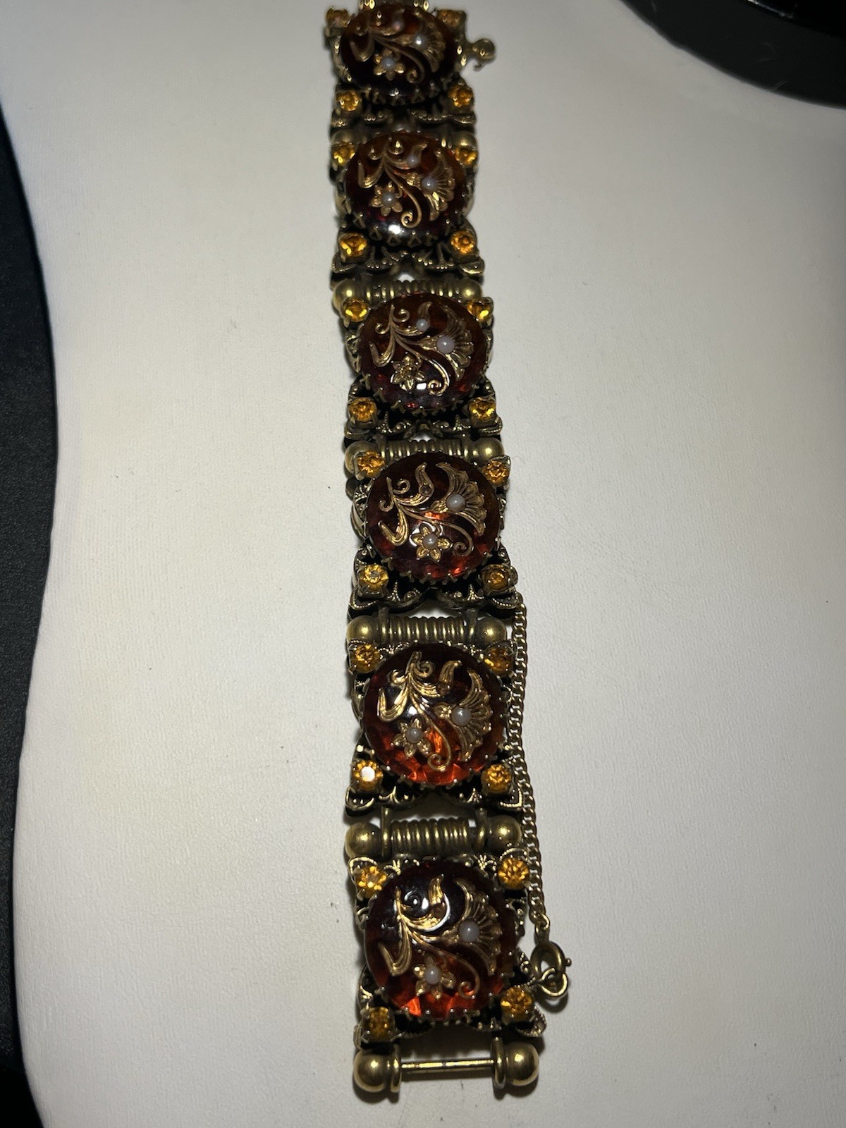 Vintage Chunky Brass Amber & Pearl Lucite Panel Bracelet Size 6.25