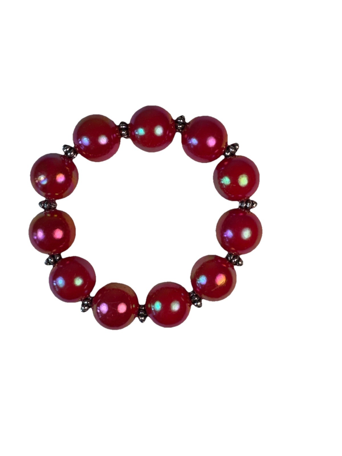 Vintage Chunky Iridescent Red Beaded Stretch Bracelet Silver Tone Spacer Boho