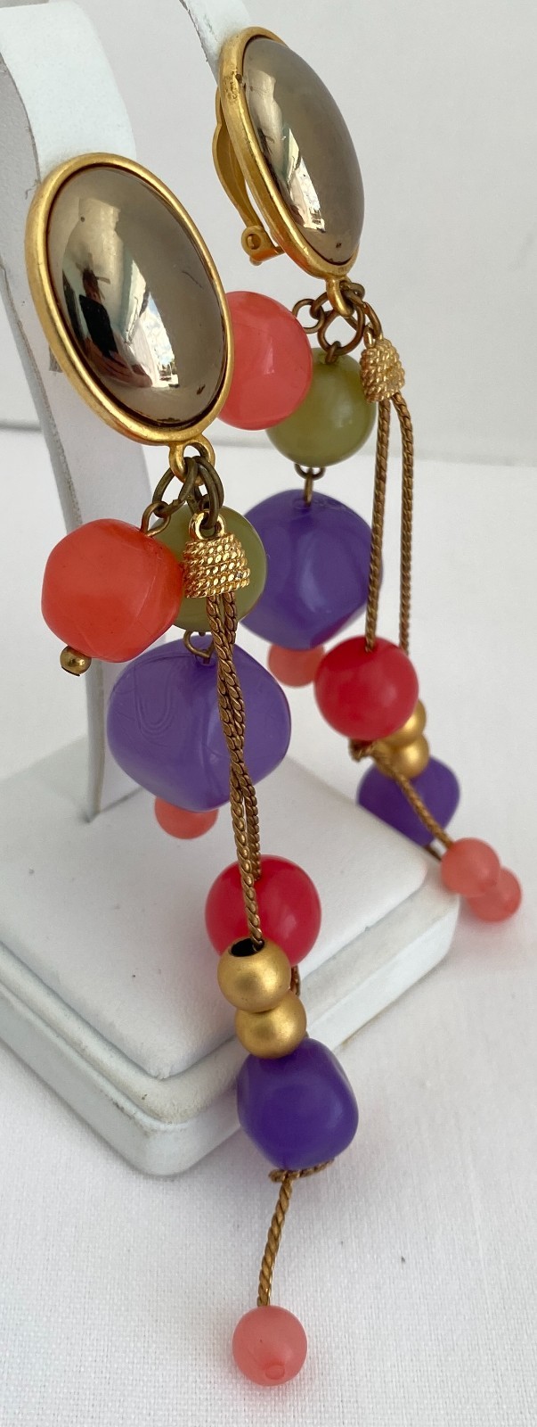 Vintage Colorful Fruit Salad Beaded Dangle Gold Tone Clip On Earrings Statement