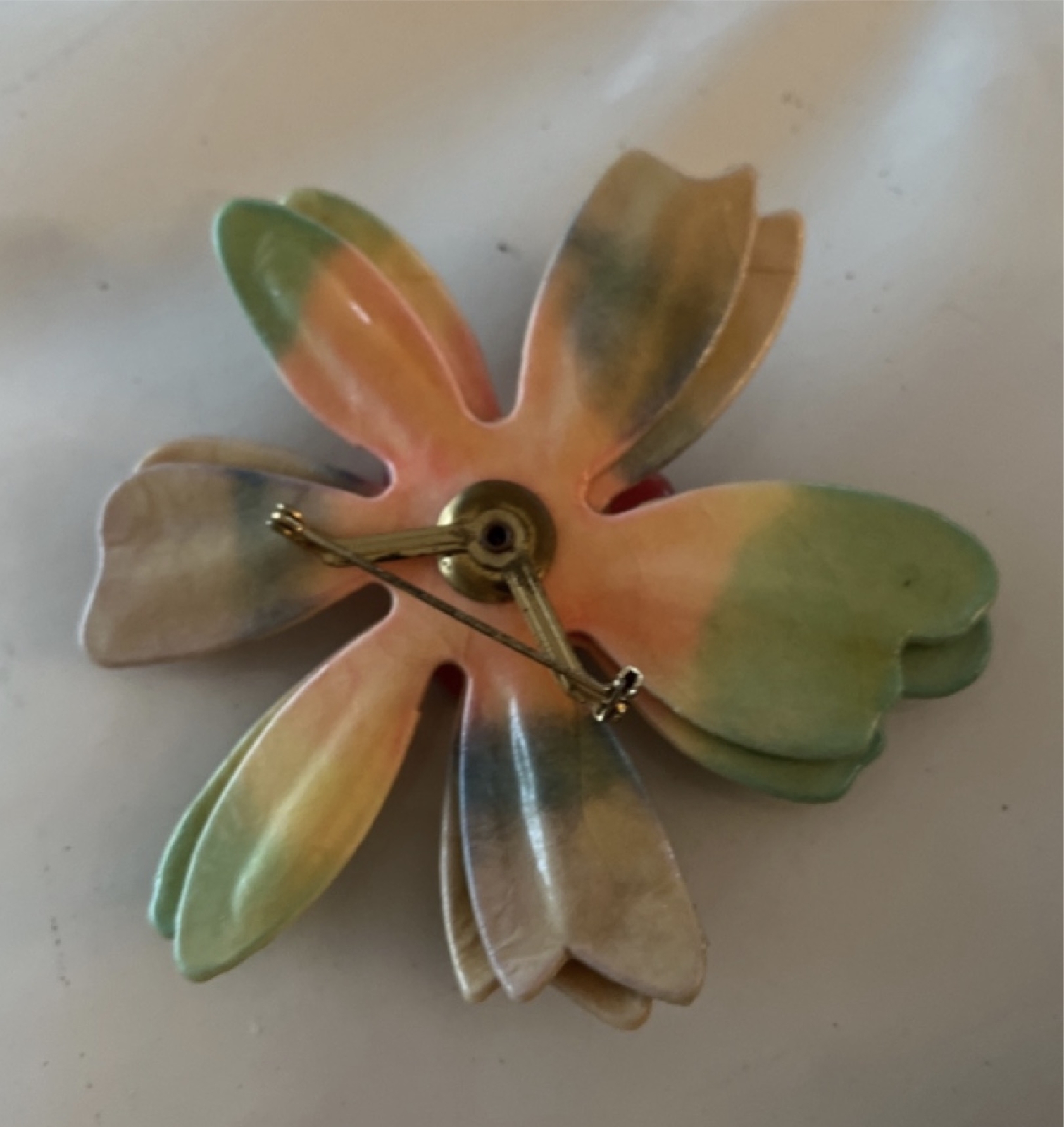 Vintage Large Enamel Flower Pin – lightweight not metal – papier mache? resin?