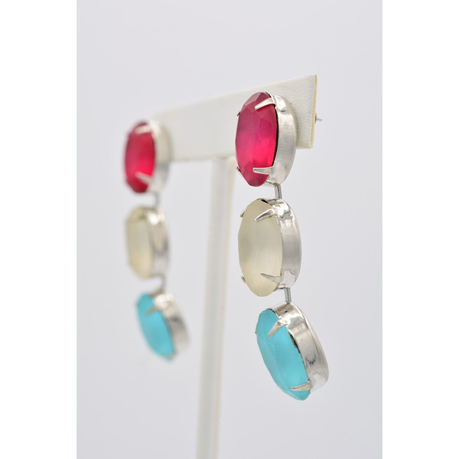 Vintage Frosted Crystal Drop Earrings Dangle Hot Pink White Blue Chunky 80s A19