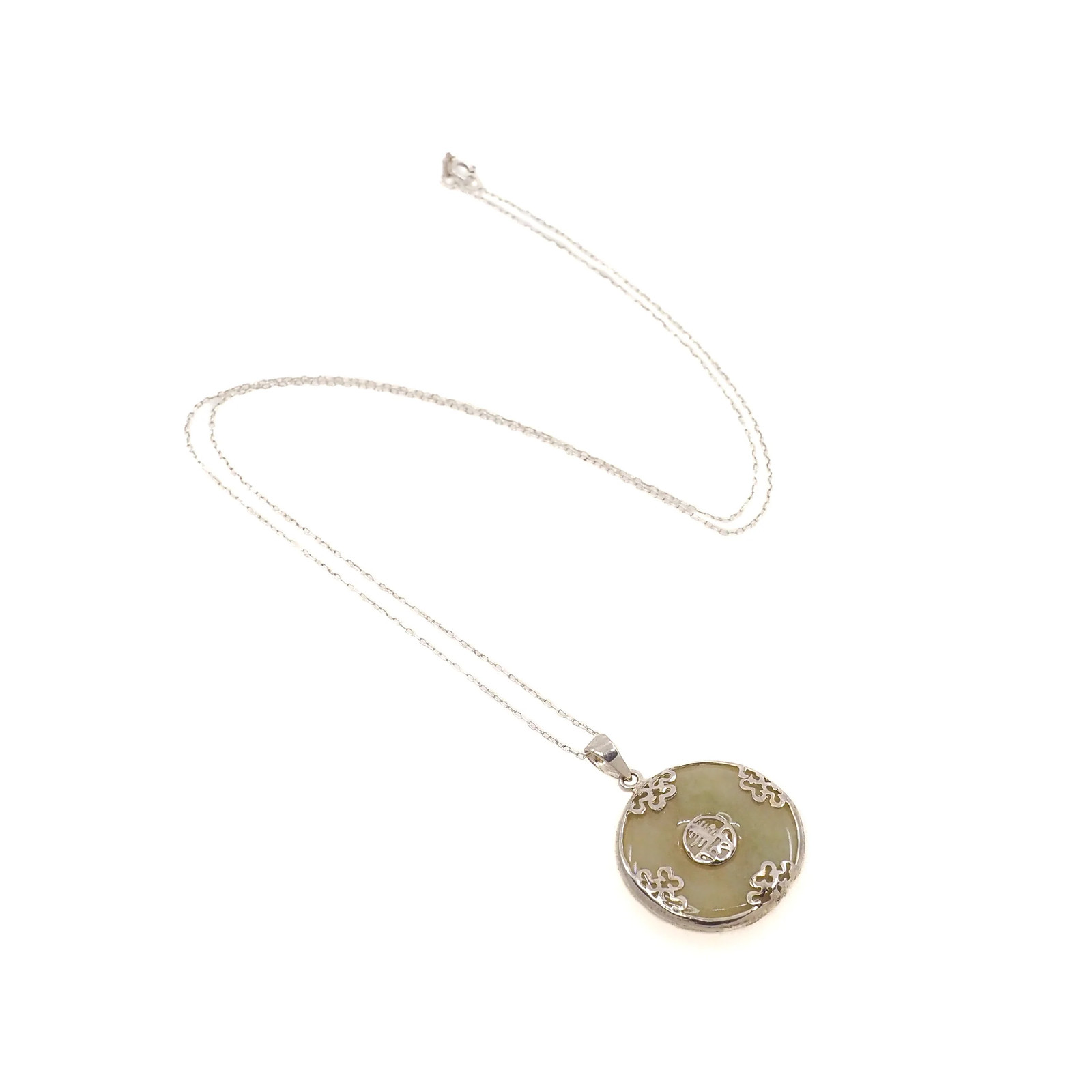 Vintage 1990s Green Jade and Sterling Silver Blessings Circle 22″ Necklace