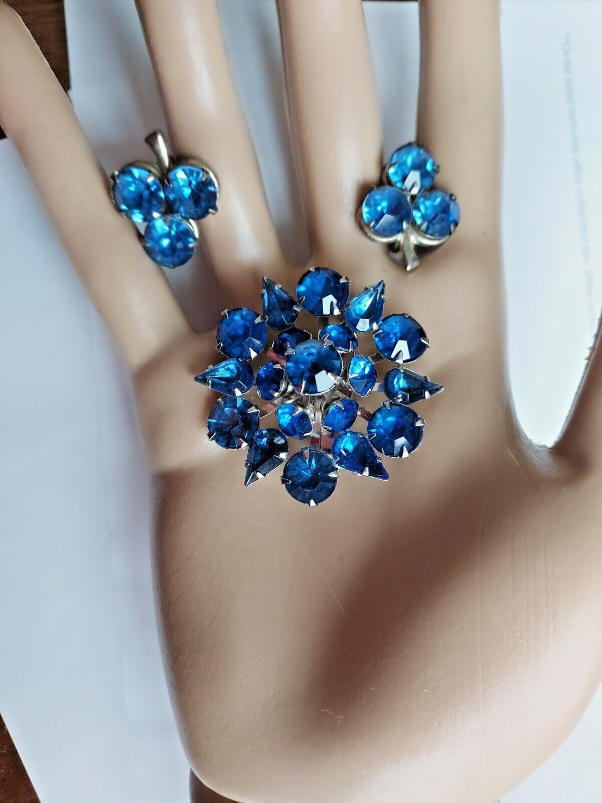 Coro Signed Pin Blue Rhinestone Earrings and Brooch Vintage Demi Set
