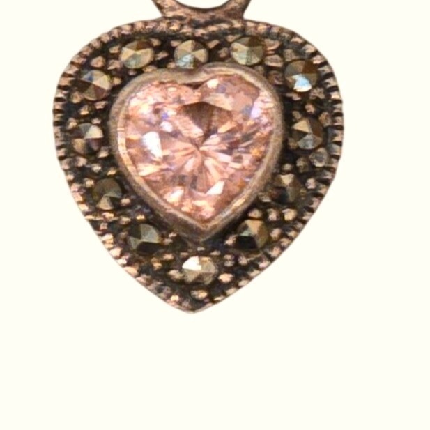 Vintage marcasite Heart Sterling Silver Pendant pink glass Gemstone 925 Jewelry