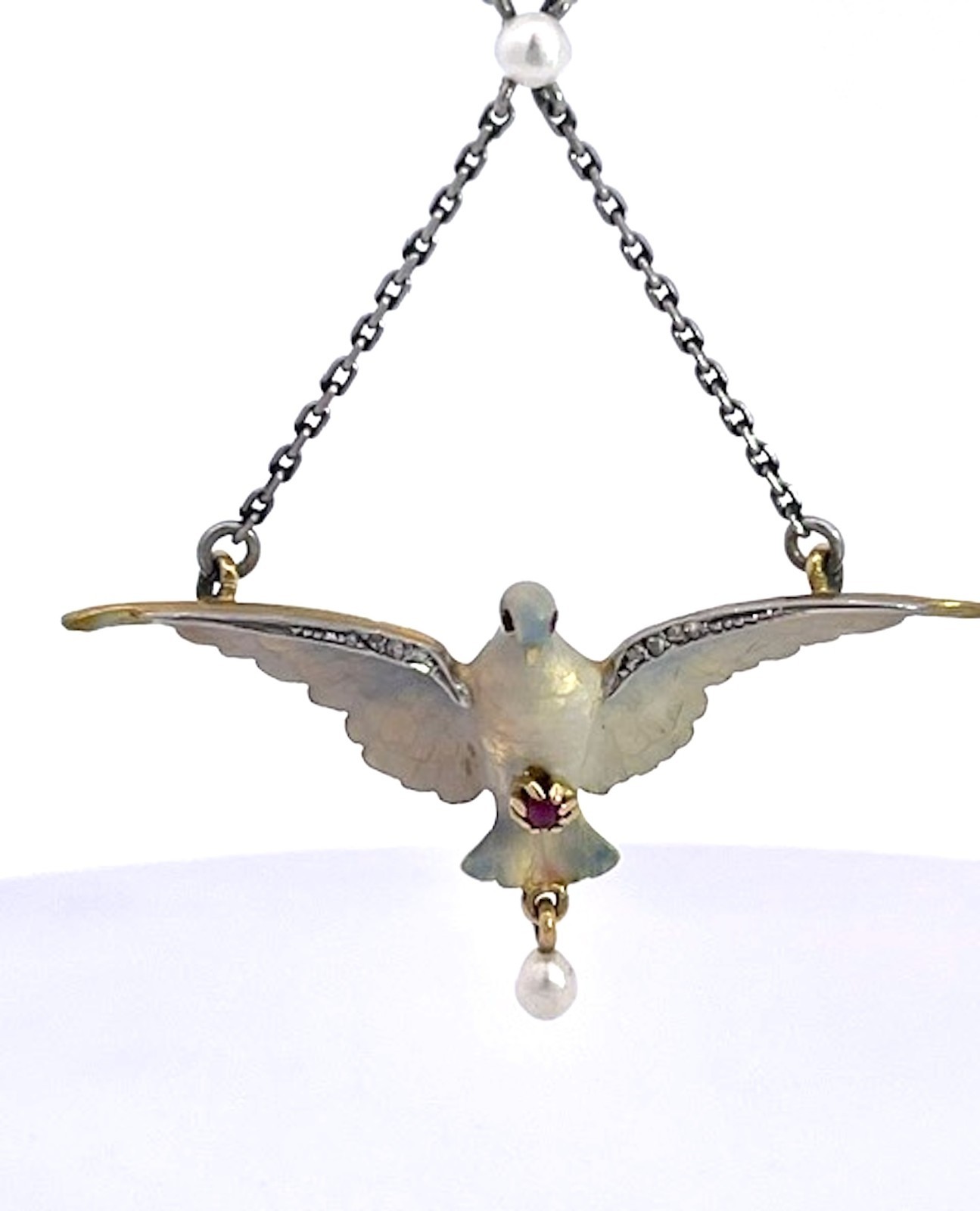 18K Enamel Dove on a Platinum Chain 17″ long