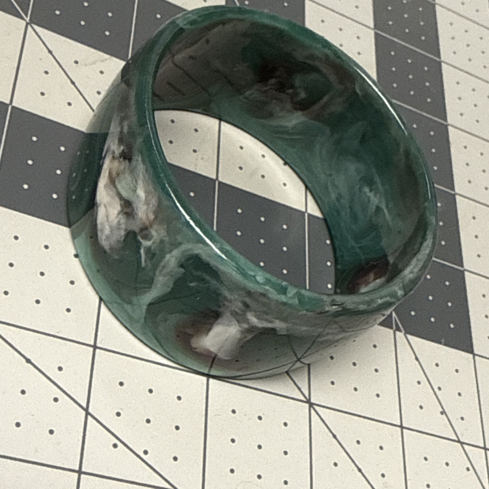 Vintage 70s Marbled Lucite Wide Bangle Bracelet Green White Black 1 3/8″ wide