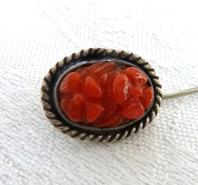 Vtg Artisan Carnelian Stick Pin 925 Sterling Silver Top Flower Design Stickpin