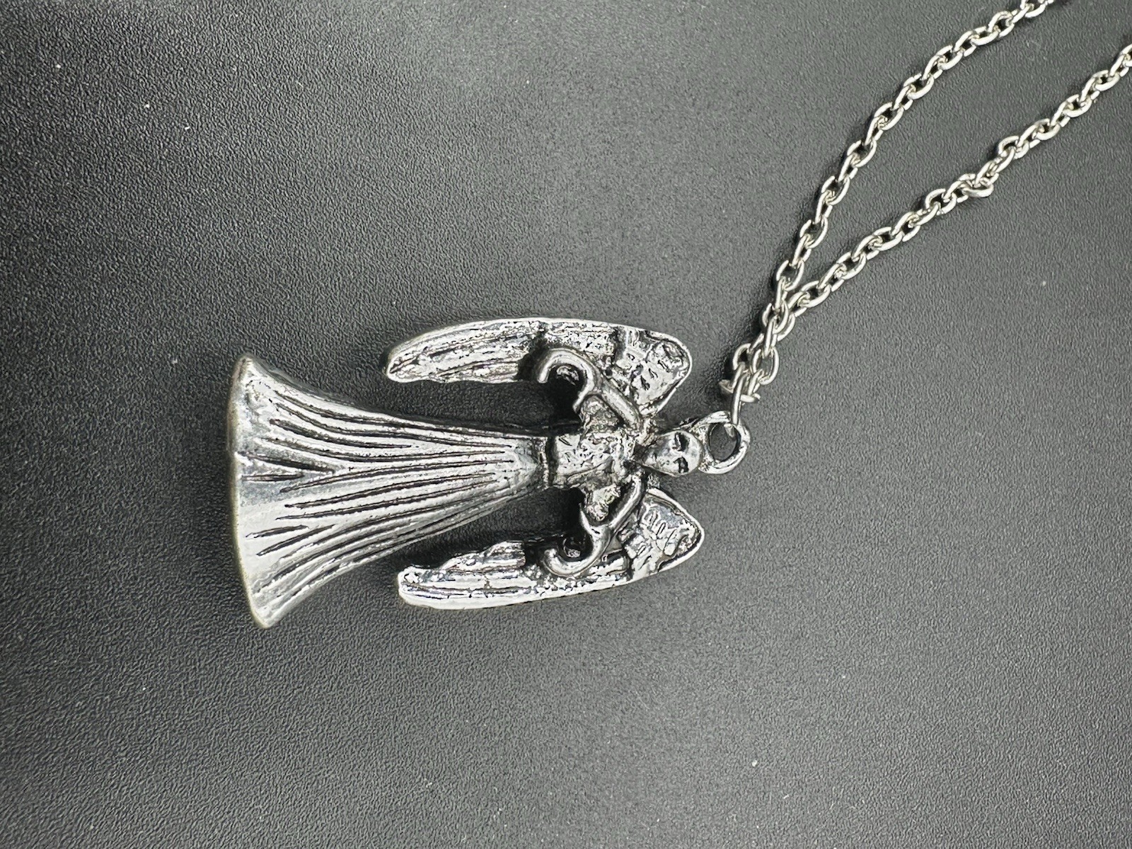 Vintage Pewter Angel Pendant Necklace Hollow Bottom – Gothic or Religious Style