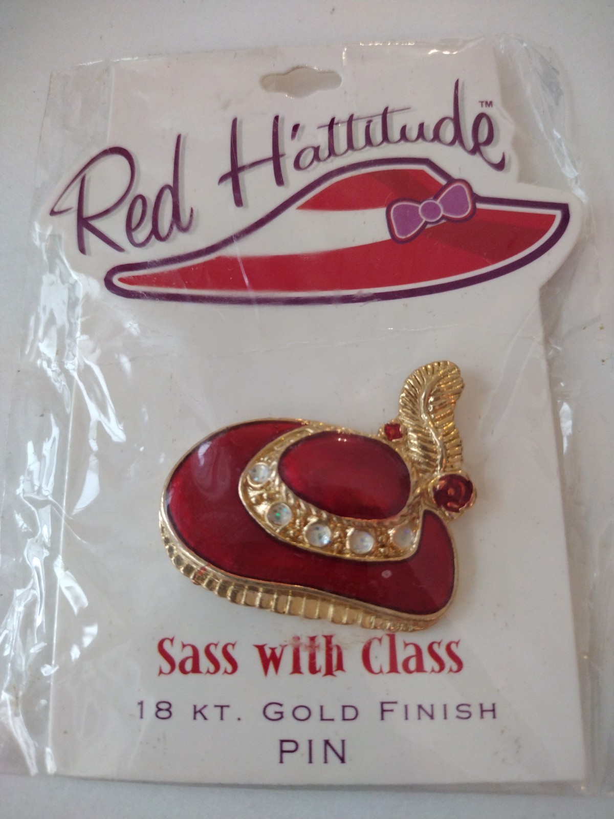 1980s Red Hat Society H’ATTITUDE Red Enamel 18kt Gold Finish Rhinestone Brooch