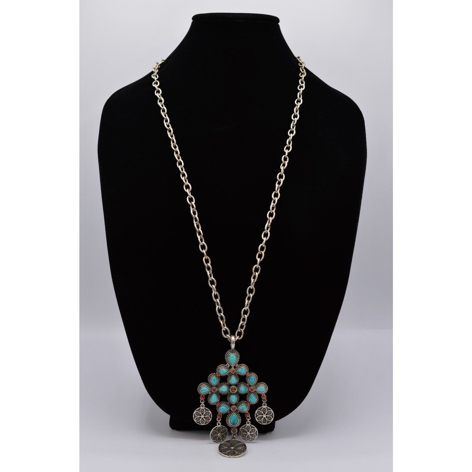 Graziano Vintage Turquoise Cabochon Coin Pendant Necklace South Western 1990s 9J