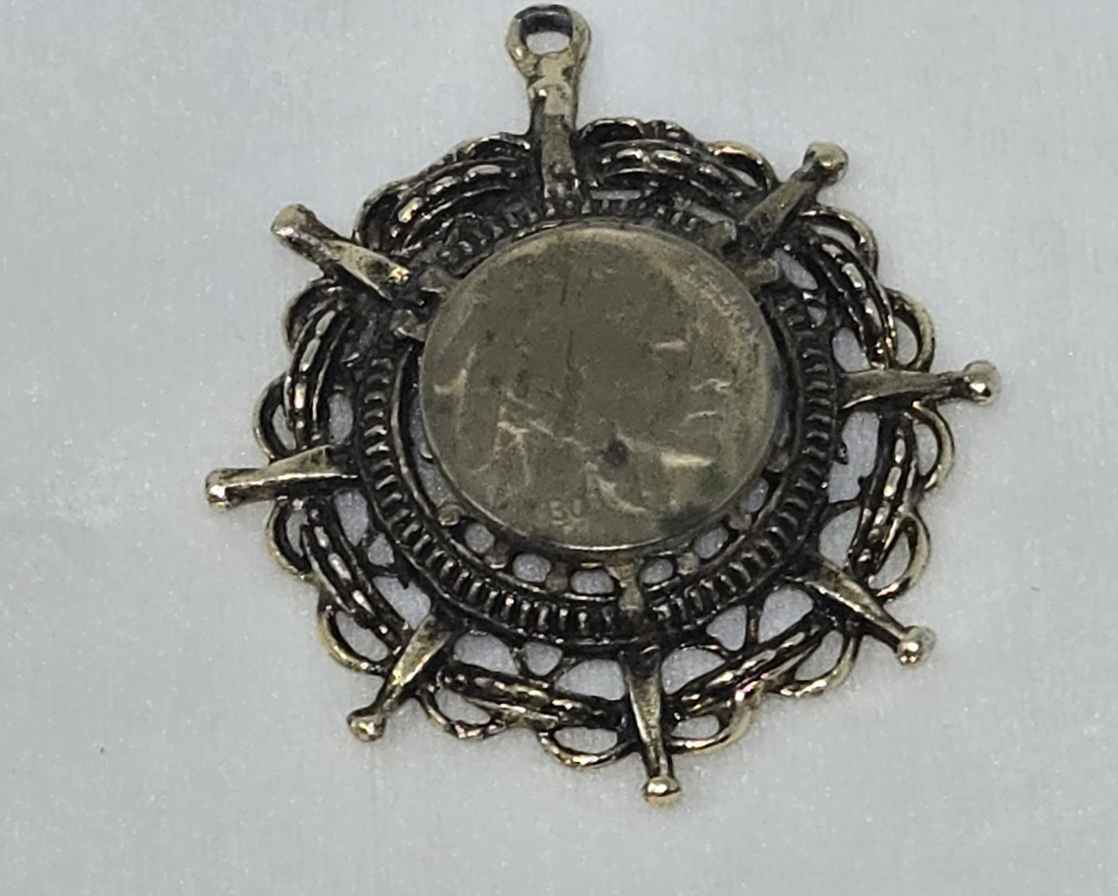 VINTAGE SILVER METAL PENDANT 5 CENT 1930 BUFFALO NICKEL COIN CENTER
