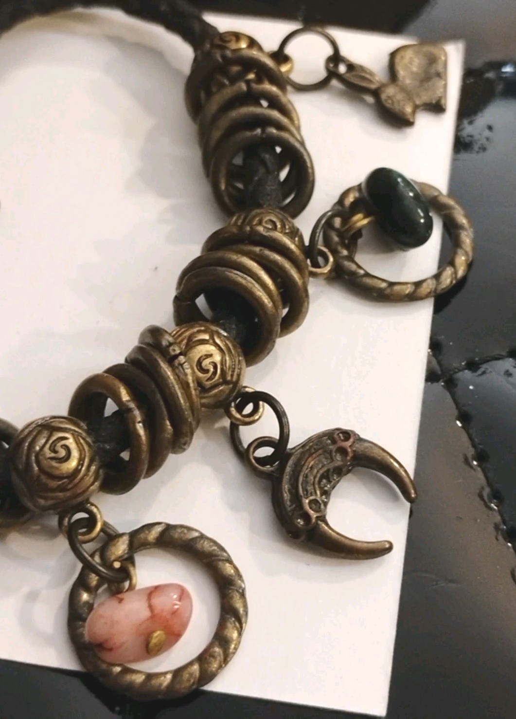 Boho Vibes! Rabbits, Real Stones, Bronzy Toned Leather Cord Charms Bracelet!