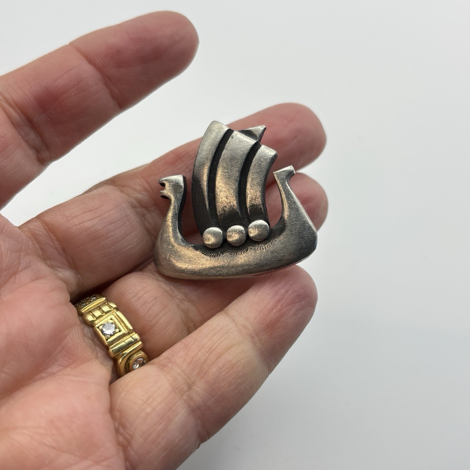 Vintage Brooch Pin Signed R Tennesmed Sweden Modernist Pewter Nordic Boat Ship