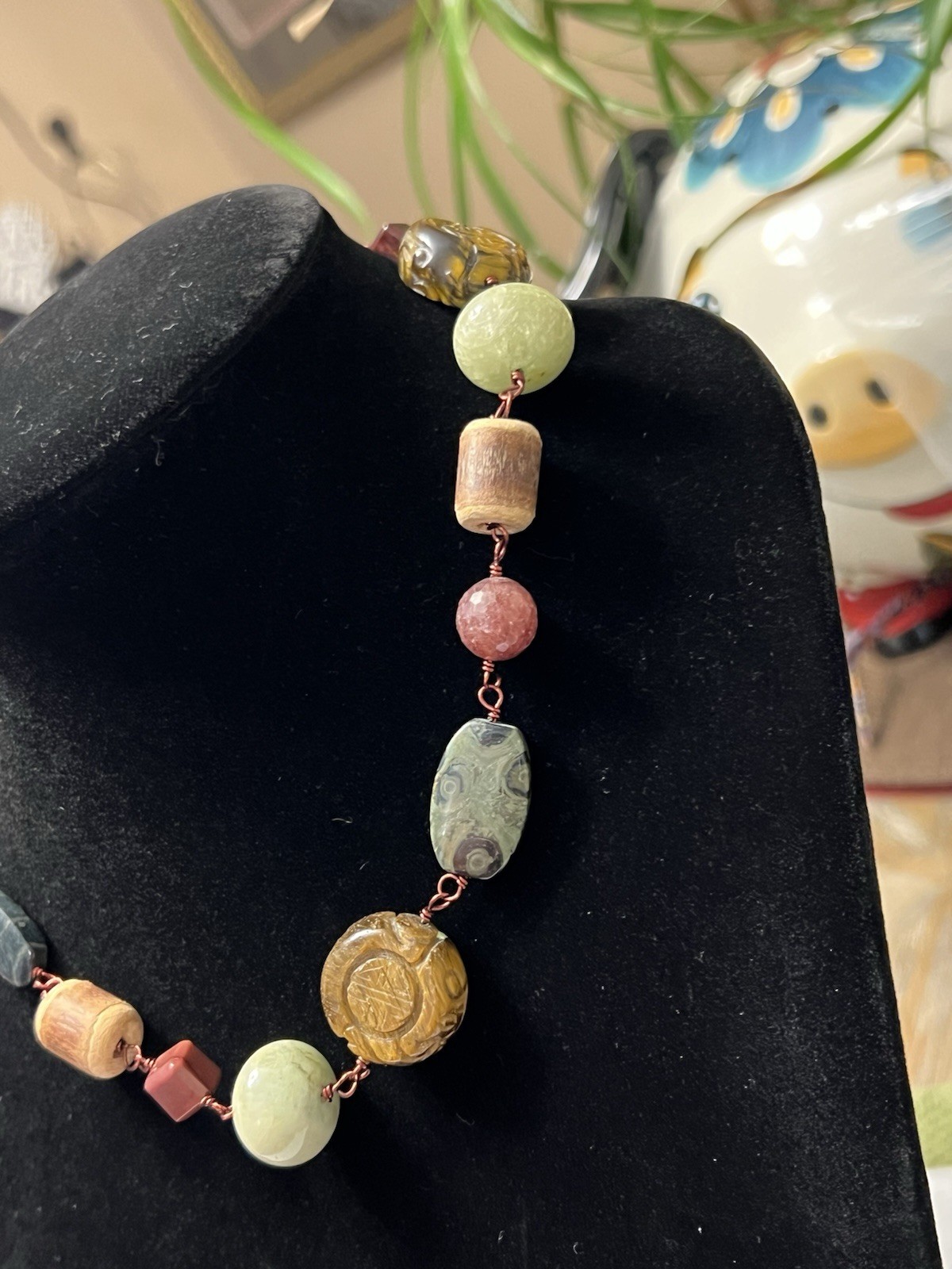 ESTATE CHINESE CARVED TIGERS EYE, JADE JASPER STONE NECKLACE 18” STERLING COPPER